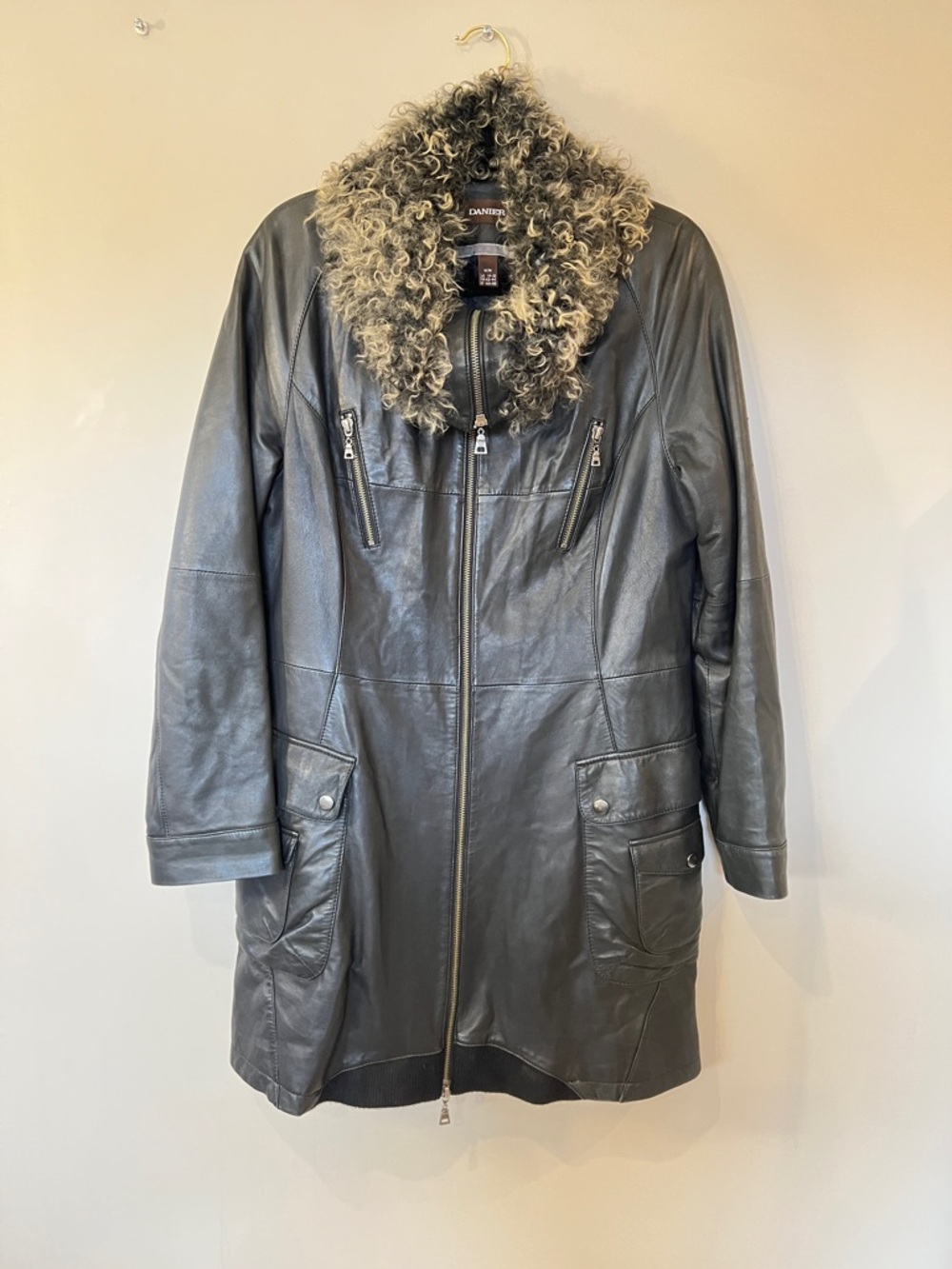 Danier Grey Leather Coat with Curly Fur Collar - Picture 2 of 6